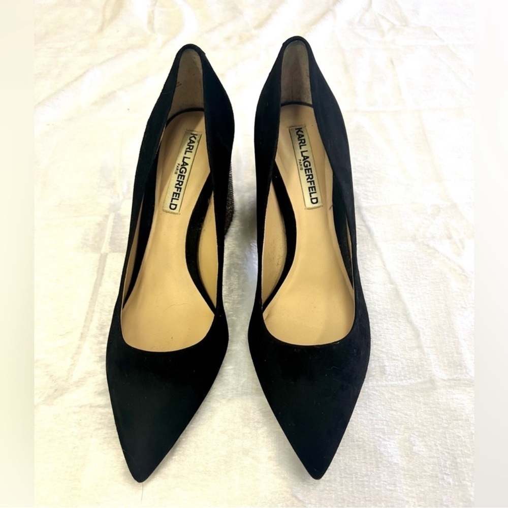 KARL LAGERFELD ADINA Black Suede Rhinestone Block Heels EUC Sz 8.5 - Picture 2 of 5